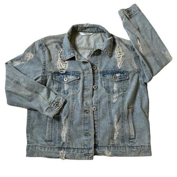VTG Highway Women’s Punk Rock Faded Blue Denim Distressed Jean Jacket Size M - Picture 2 of 8